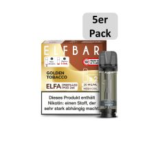 Elfbar Elfa Liquid Pods Golden Tobacco. Braun-beige gemusterte Packung mit großer Elfbar Aufschrift und 5er Pack Bottom.