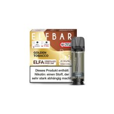 Elfbar Elfa Liquid Pods Golden Tobacco. Braun-beige gemusterte Packung mit großer Elfbar Aufschrift und grauen Liquid Pod.