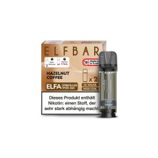 Elfbar Elfa Liquid Pods Hazelnut Coffee. Hellbraun gemusterte Packung mit großer Elfbar Aufschrift und grauen Liquid Pod.