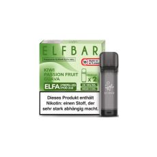 Elfbar Elfa Liquid Pods Kiwi Passion Fruit Guava. Grün gemusterte Packung mit großer Elfbar Aufschrift und grauem Liquid Pod.