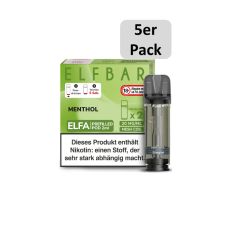 Elfbar Elfa Liquid Pods Menthol. Grün gemusterte Packung mit großer Elfbar Aufschrift und 5er Pack Bottom.