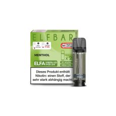 Elfbar Elfa Liquid Pods Menthol. Grün gemusterte Packung mit großer Elfbar Aufschrift und grauen Liquid Pod.