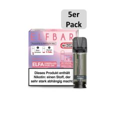 Elfbar Elfa Liquid Pods Peach Ice . Blasslila-rosa gemusterte Packung mit großer Elfbar Aufschrift und 5er Pack Bottom.
