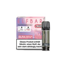 Elfbar Elfa Liquid Pods Peach Ice. Blasslila-rosa gemusterte Packung mit großer Elfbar Aufschrift und grauen Liquid Pod.