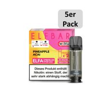 Elfbar Elfa Liquid Pods Pineapple Acai. Rosa-gelbe gemusterte Packung mit großer Elfbar Aufschrift und grauen Liquid Pod.