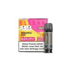 Elfbar Elfa Liquid Pods Pineapple Acai. Rosa-gelbe gemusterte Packung mit großer Elfbar Aufschrift und grauen Liquid Pod.