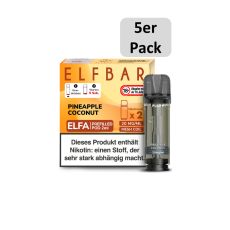Elfbar Elfa Liquid Pods Pineapple Coconut. Gelb-orange gemusterte Packung mit großer Elfbar Aufschrift und grauen Liquid Pod mit 5er Pack Bottom.