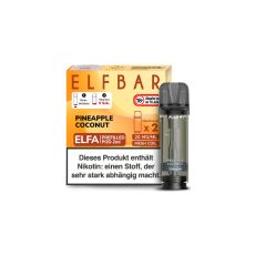 Elfbar Elfa Liquid Pods Pineapple Coconut. Gelb-orange gemusterte Packung mit großer Elfbar Aufschrift und grauen Liquid Pod.
