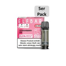 Elfbar Elfa Liquid Pods Strawberry Ice. Rosa gemusterte Packung mit großer Elfbar Aufschrift und 5er Pack Bottom.