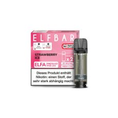Elfbar Elfa Liquid Pods Strawberry Ice. Rosa gemusterte Packung mit großer Elfbar Aufschrift und grauen Liquid Pod.