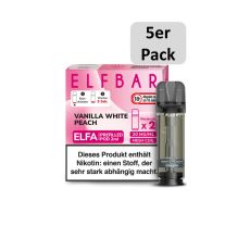 Elfbar Elfa Liquid Pods Vanilla White Peach. Pink-rosa gemusterte Packung mit großer Elfbar Aufschrift und 5er Pack Bottom.