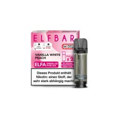 Elfbar Elfa Liquid Pods Vanilla White Peach. Pink-rosa gemusterte Packung mit großer Elfbar Aufschrift und grauem Liquid Pod.
