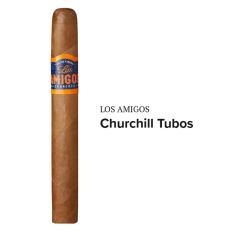 Zigarre Los Amigos Churchill Tubos. Braune Zigarre mit orange-blauem Los Amigos Label.