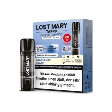 Lost Mary Tappo Liquid Pods Cranberry Grape. Hellblaue Packung mit großer Lost Mary Aufschrift und schwarzem Liquid Pod.