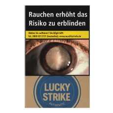 Schachtel Zigaretten Lucky Strike Authentic Blau. Beige Packung mit blauem Lucky Strike Logo und Auge