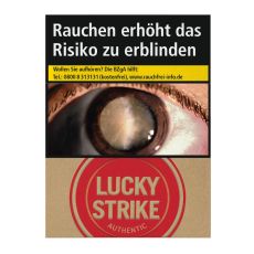 Schachtel Zigaretten Lucky Strike Authentic Rot Giga. Beige Packung mit rotem Lucky Strike Logo und Auge.