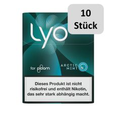 Stange Nikotinsticks Lyo Artic Mint. Dunkelgrün-türkise Packung mit weißer Lyo Aufschrift und 10 Stück Bottom.