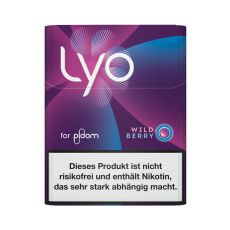 Packung Nikotinsticks Lyo Wild Berry. Dunkellila-türkise Packung mit weißer Lyo und for ploom Aufschrift.