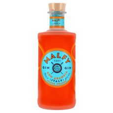 Malfy Gin Con Arancia. Klare Flasche mit orangen Inhalt und blau-orangen Etikett mit oranger Malfy Aufschrift und blaue Abbildung von Ruder.