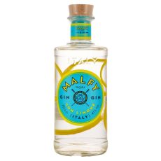 Malfy Gin Con Limone. Klare Flasche mit klarem Inhalt und blau-gelbes Etikett mit gelber Malfy Aufschrift und blaue Abbildung von Ruder.