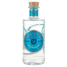 Malfy Gin Originale. Klare Flasche mit klarem Inhalt und blau-silbernes Etikett mit silberner Malfy Aufschrift und blaue Abbildung von Ruder.
