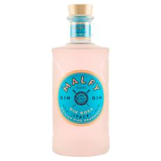 Malfy Gin Rosa. Klare Flasche mit rosa Inhalt und blau-orangen Etikett mit oranger Malfy Aufschrift und blaue Abbildung von Ruder.