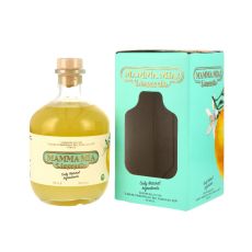 Mamma Mia Limoncello Likör. Klare Flasche mit blassgelben Inhalt mit gold-beigen Etikett mit goldener Mamma Mia Aufschrift und türkiser Geschenkverpackung.