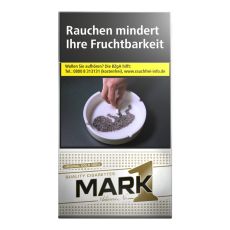 Schachtel Zigaretten Mark Adams No.1 Gold Long. Schmale gold-weiße Packung mit schwarz-goldenem Mark 1 Logo.