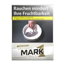 Schachtel Zigaretten Mark Adams No.1 Gold XL. Große gold-weiße Packung mit schwarz-goldenem Mark 1 Logo.