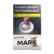 Schachtel Zigaretten Mark Adams No.1 Gold. Gold-weiße Packung mit schwarz-goldenem Mark 1 Logo.