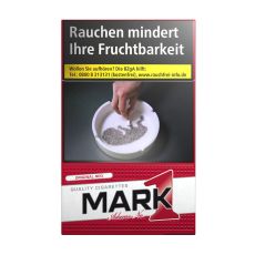Schachtel Zigaretten Mark Adams No.1 Rot. Rot-weiße Packung mit schwarz-rotem Mark 1 Logo.