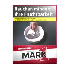 Schachtel Zigaretten Mark Adams No.1 Rot. Große rot-weiße Packung mit schwarz-rotem Mark 1 Logo.