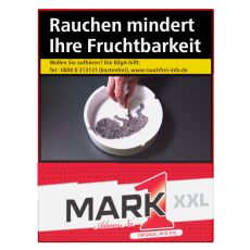 Schachtel Zigaretten Mark Adams No.1 Rot XXL. Große rot-weiße Packung mit schwarz-rotem Mark 1 Logo.