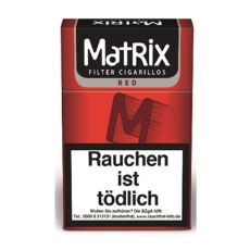 Schachtel Matrix Filterzigarillos Red. Rote Packung mit weißer Matrix Aufschrift und rotem M.
