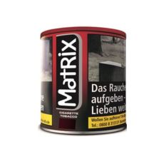 Dose Feinschitt-Tabak Matrix Red. Rote Dose mit weißer Matrix Aufschrift auf schwarzem Hintergrund.