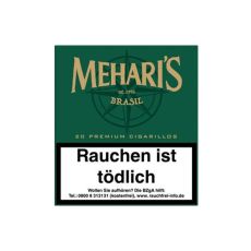 Schachtel Meharis Brasil Zigarillos. Grüne Packung mit schwarzer Meharis Aufschrift.