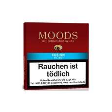 Schachtel Filterzigarillos Moods Fusion Filter. Weinrote Packung mit blauen Balken und Fusion Filter Aufschrift.