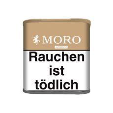 Dose Moro Tabak Authentic. Kleine beige Dose mit weißer Moro Aufschrift und Moro Logo in Gestalt eines weißen Pferdes.