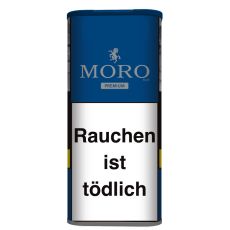 Dose Moro Tabak Blue Premium. Große dunkelblaue Dose mit silberner Moro Aufschrift und Moro Logo in Gestalt eines silbernes Pferdes.