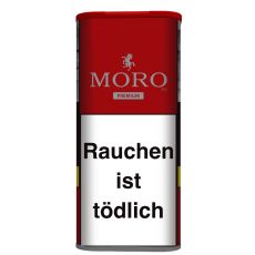 Dose Moro Tabak Red Premium. Große dunkelrote Dose mit silberner Moro Aufschrift und Moro Logo in Gestalt eines silbernes Pferdes.