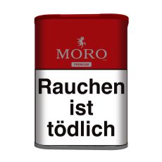 Dose Moro Tabak Red Premium. Dunkelrote Dose mit silberner Moro Aufschrift und Moro Logo in Gestalt eines silbernes Pferdes.