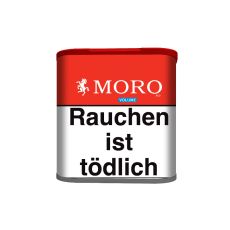 Dose Moro Tabak Red. Rote Dose mit weißer Moro Aufschrift und Moro Logo in Gestalt eines weißen Pferdes.