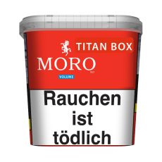 Eimer Moro Tabak Red Titan Box. Großer roter Eimer mit weißer Moro Aufschrift und Moro Logo in Gestalt eines weißen Pferdes.