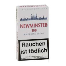 Schachtel Newminster 100 Filterzigarillos. Drei weiße Packungen mit roter Newminster Aufschrift und Zigarillo.