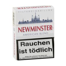 Schachtel Newminster Big Pack Filterzigarillos. Weiße Packung mit roter Newminster Aufschrift blauem Gebäude Logo.