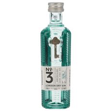 No. 3 London Dry Gin. Kleine blass-grüne Flasche mit silbernen Schlüssel und weiß-schwarzem Etikett mit Nr. 3  und London Dry Gin Aufschrift.