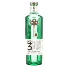 No. 3 London Dry Gin. Blass-grüne Flasche mit silbernen Schlüssel und weiß-schwarzem Etikett mit Nr. 3  und London Dry Gin Aufschrift.
