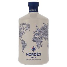 Nordes Atlantic Galician Gin 0,7l. Weiß-blaue Keramikflasche mit blauer Nordes Gin Aufschrift und Kompass-Abbildung.