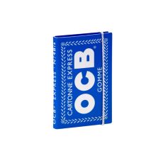 Heft OCB Zigarettenpapier Blau Gummizug. Blaues Heftchen mit großer weißer OCB Aufschrift und weißem Gummiband.