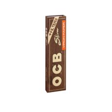 Heft OCB Zigarettenpapier Unbleached Slim. Braune Packung mit beiger OCB, Slim und Filters Aufschrift.